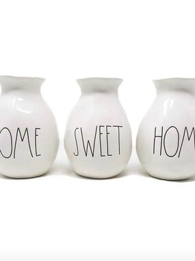 Rae Dunn, “Home Sweet Home” ceramic vase set.